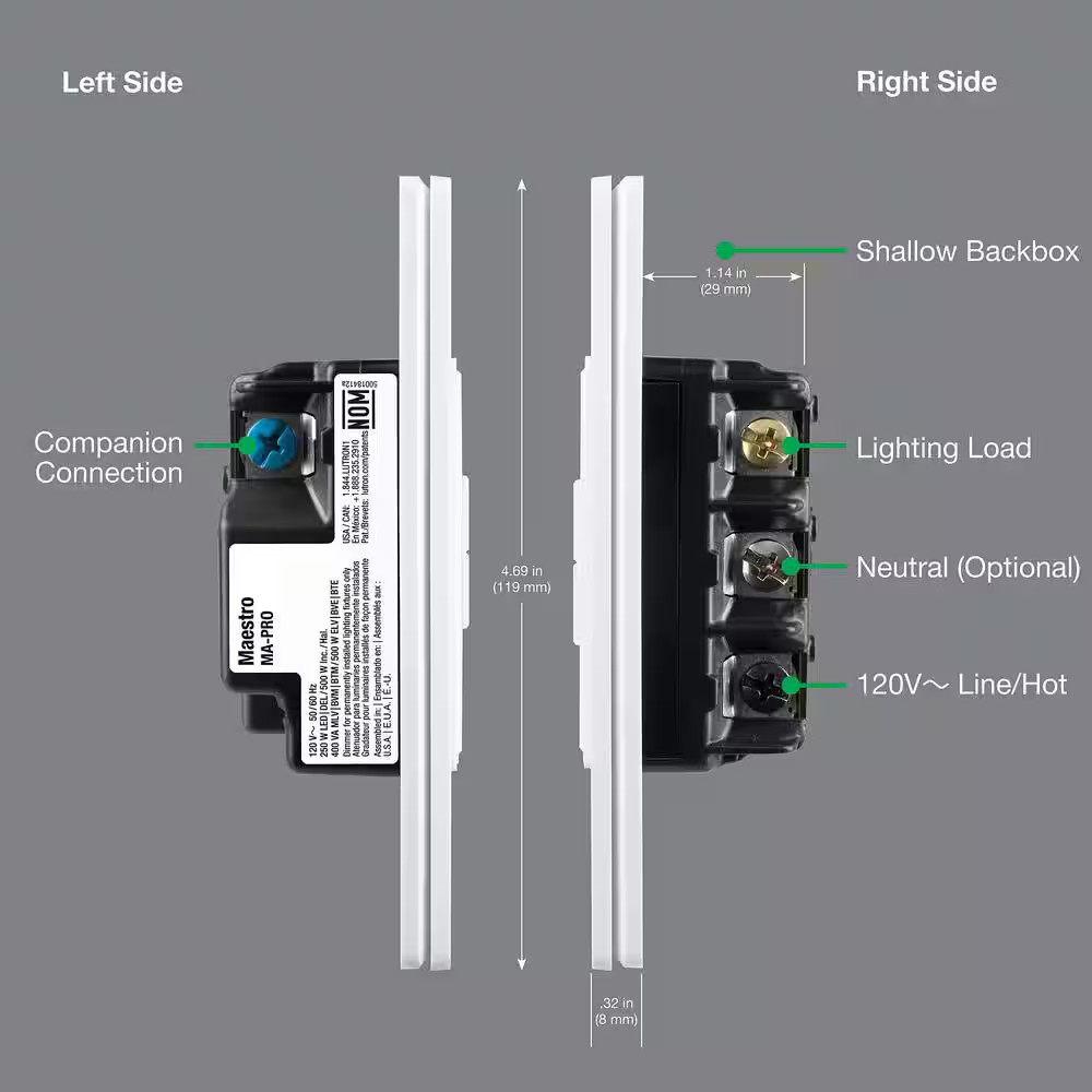 Maestro PRO LED+ Tap Dimmer Switch for 250W LED, 500W ELV, 400W MLV, Single Pole