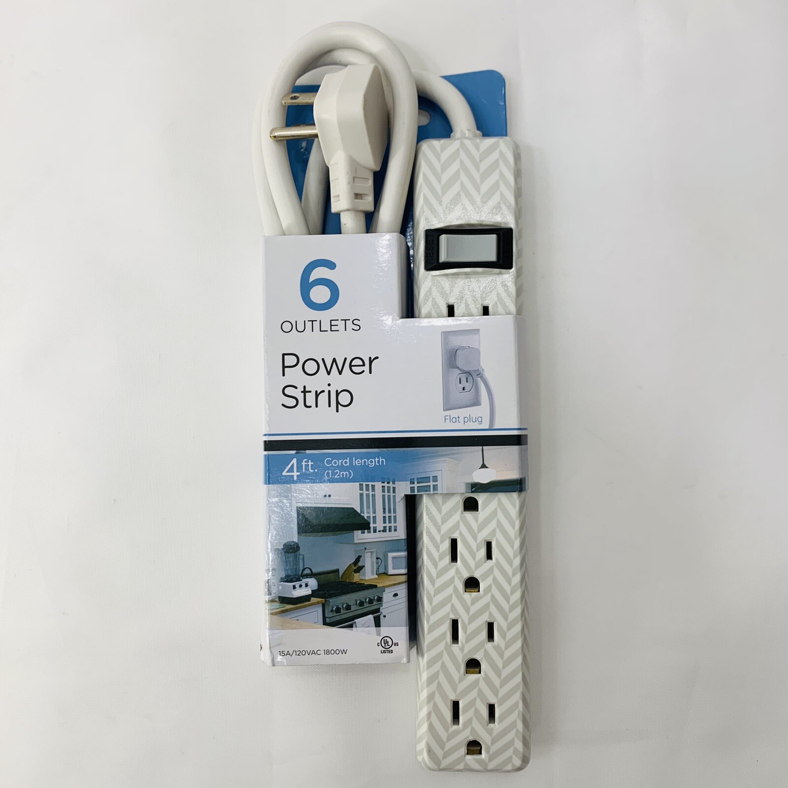 6-Outlet Power Strip, 4 Ft Extension Cord, Grey & White Chevron, Flat Plug