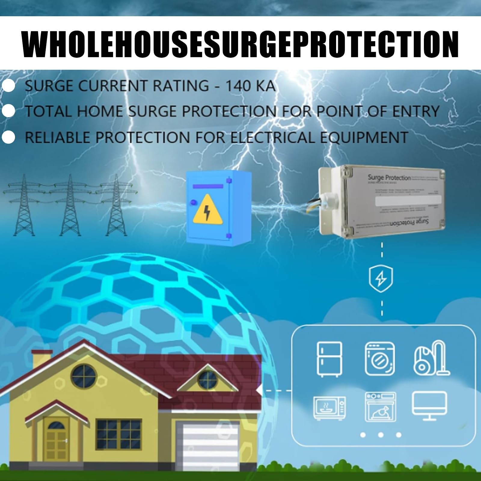 Whole House Surge Protector, 140,000 Amps, 120/240V Compatible Surge Device