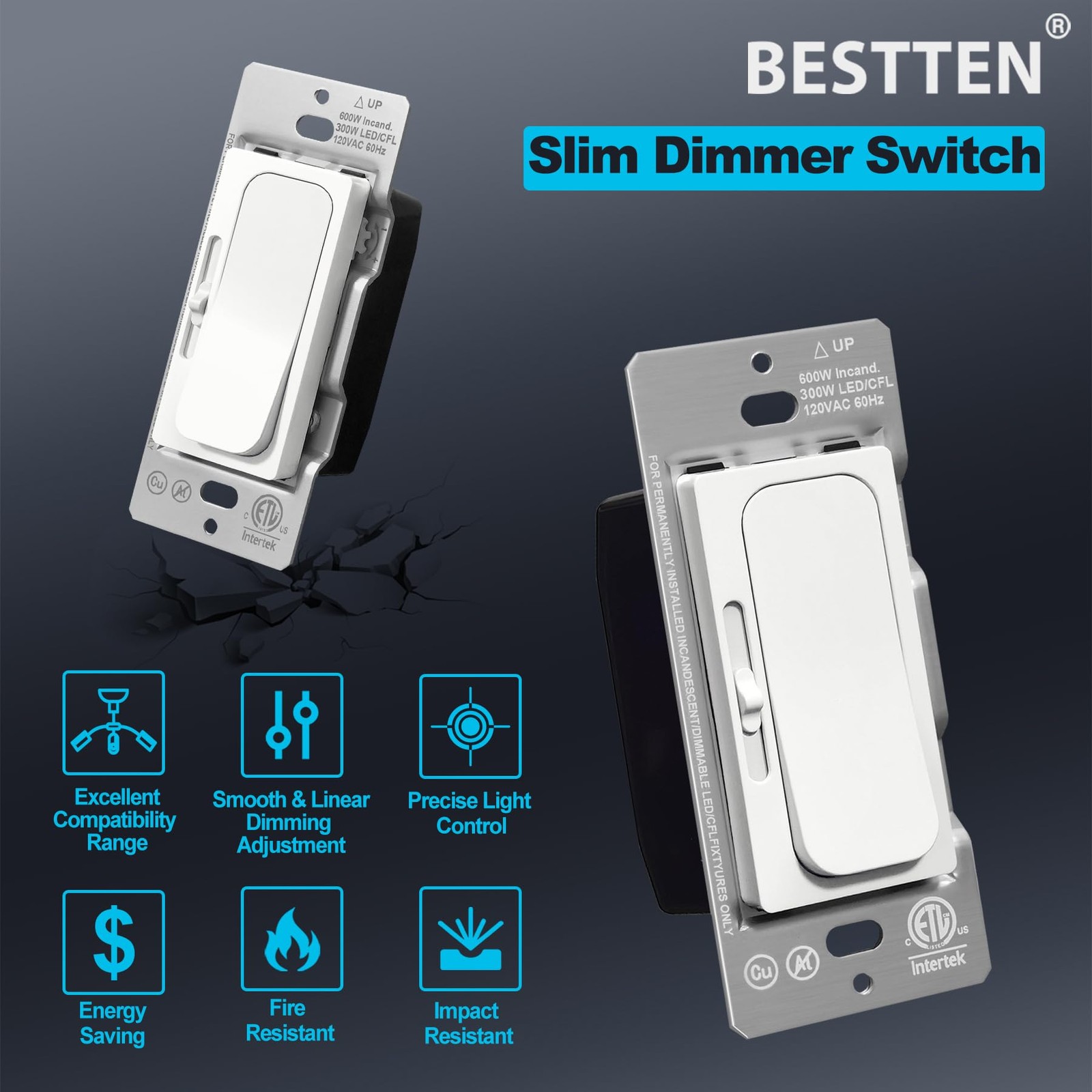 Bestten 10 Pack Super Slim Dimmer Light Switch Single Pole Or 3 Way Quiet Slide