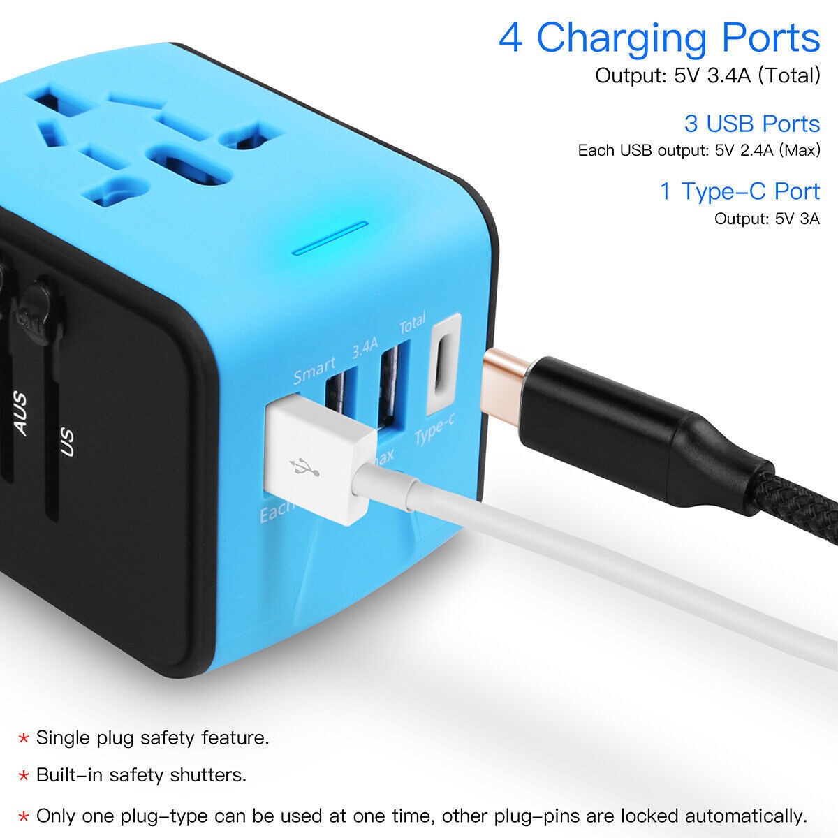 Universal International Travel Adapter Plug 3 USB Power Adapter+Type C Worldwide
