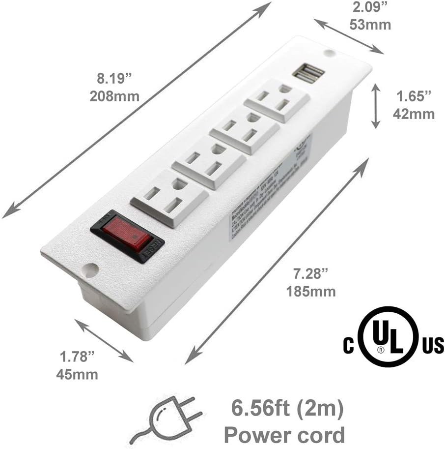 -Certified Recessed Power Strip with On/Off Switch & Scratch-Resistant Finish