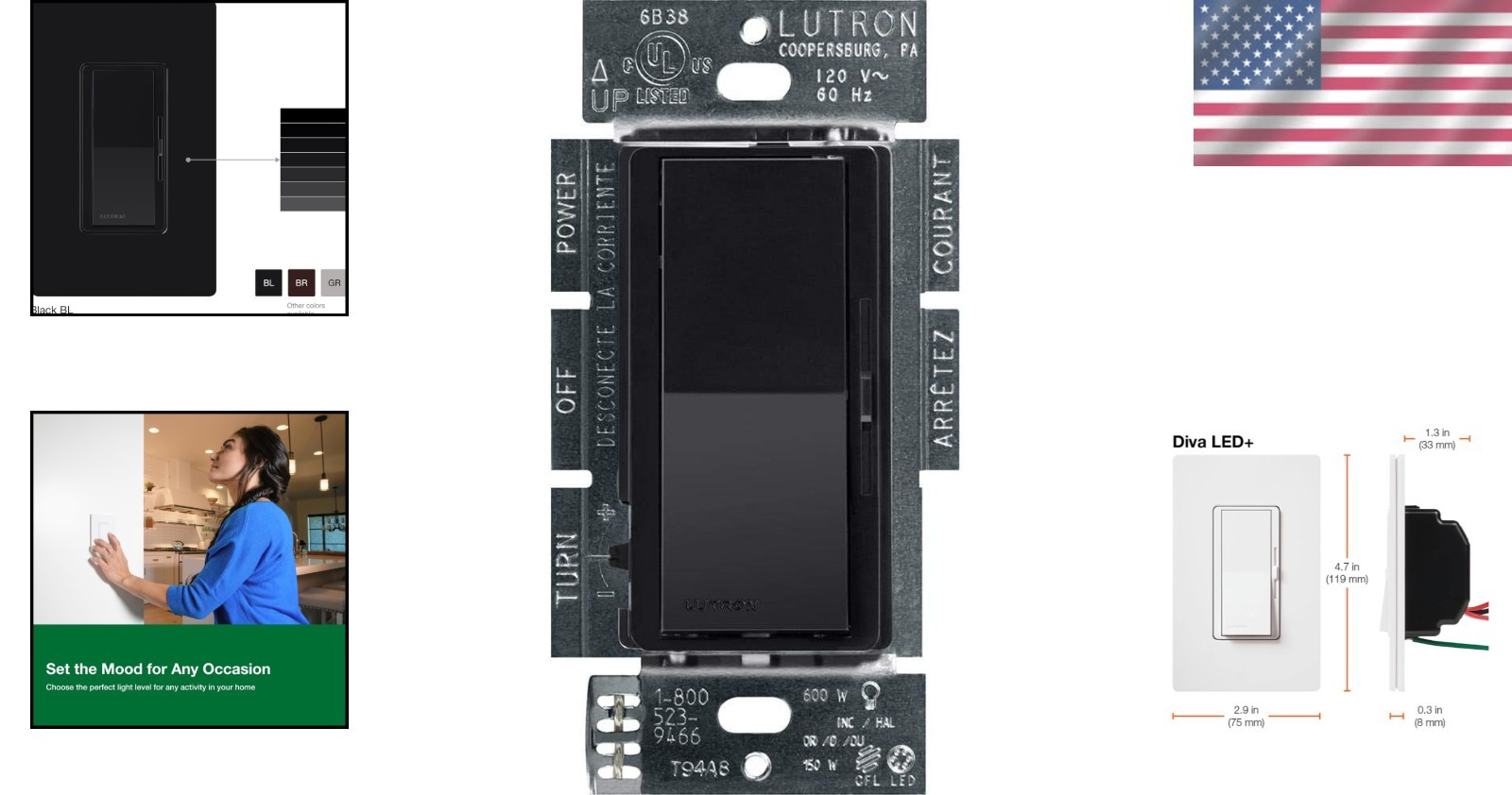180-Degree Control with Diva LED+ Dimmer Switch, 150W – Modern Black Finish