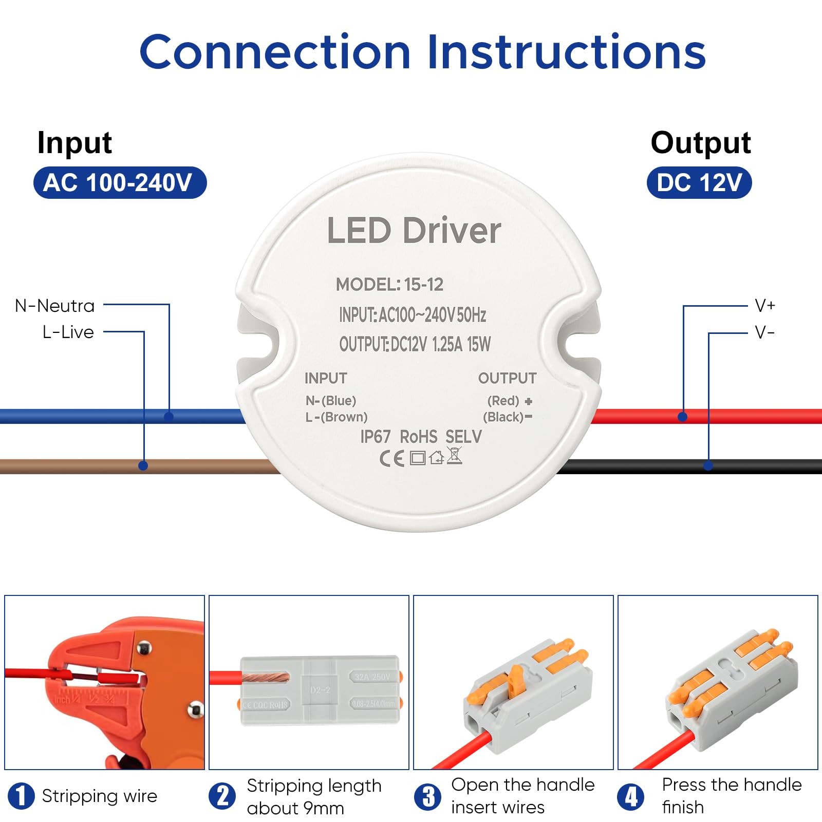 LED Driver 15 Watts Waterproof IP67, Power Supply 12V 1.25A, Round LED…