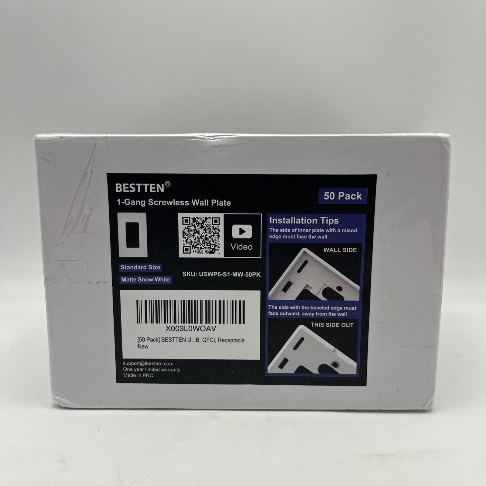 50 Pack BESTTEN 1-Gang Screwless Wall Plate Matte Snow White Decorator USWP6