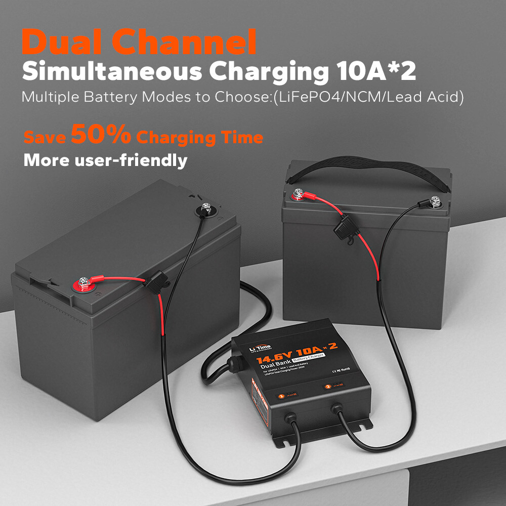 LiTime 2-Bank 10A (10A/Bank) Dual Smart Battery Charger For 12V LiFePO4 Battery