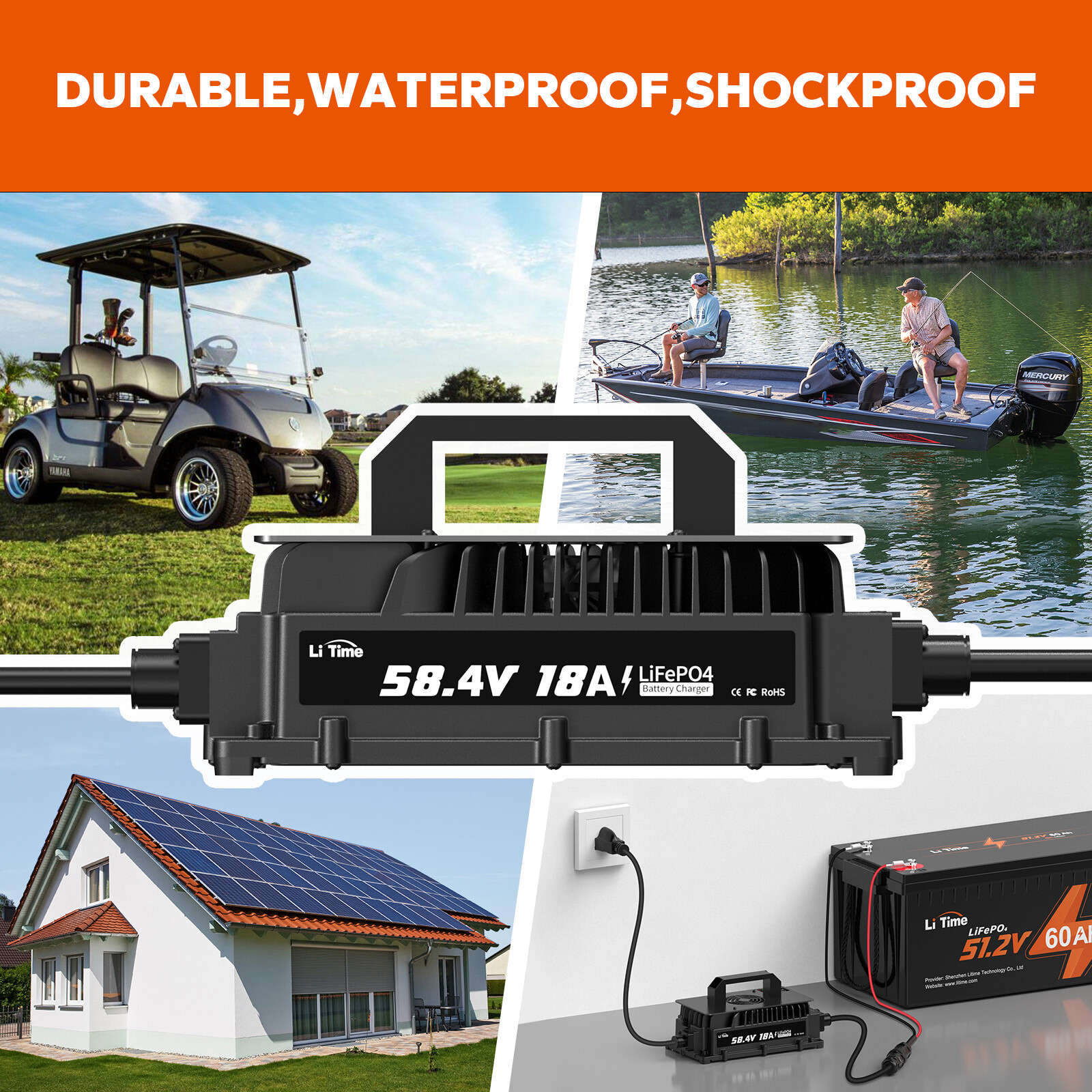 LiTime 58.4V 18A AC-DC Waterproof Charger for 48V LiFePO4 Battery-Refurbished