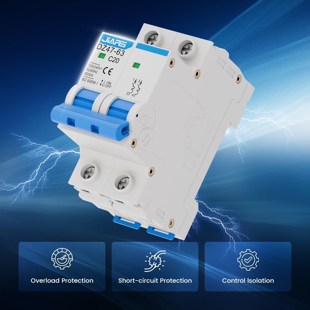AC Miniature Circuit Breaker, 120V/240V 2 Pole 20 Amp DIN Rail Mount Circuit Bre
