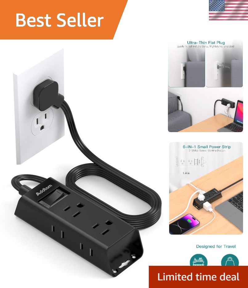 Compact 5ft Flat Plug Power Strip with 6 Outlets – Ideal for Cruise and Travel