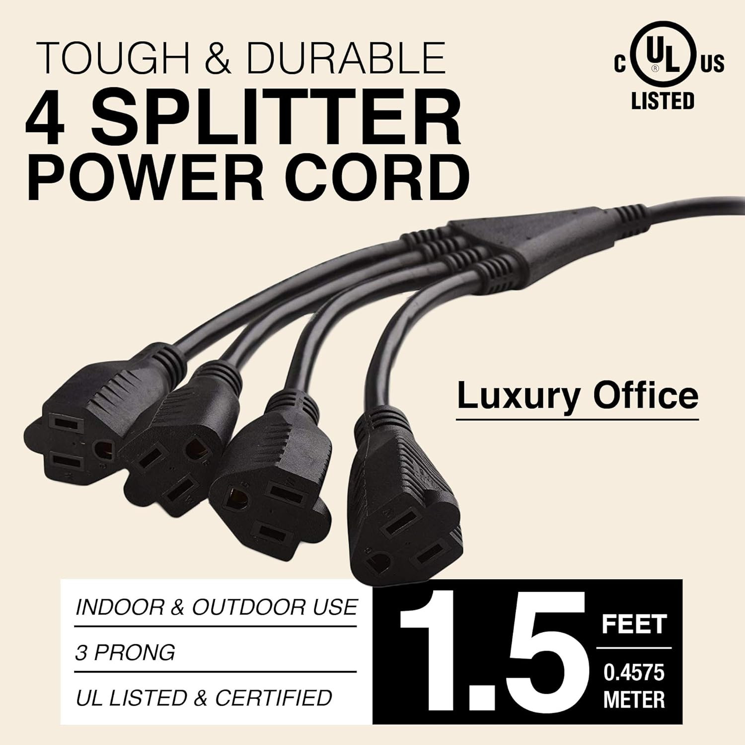 4 Way Power Splitter – 1 to 4 Extension Cord Splitter, 1.5′ Short Extension Cord