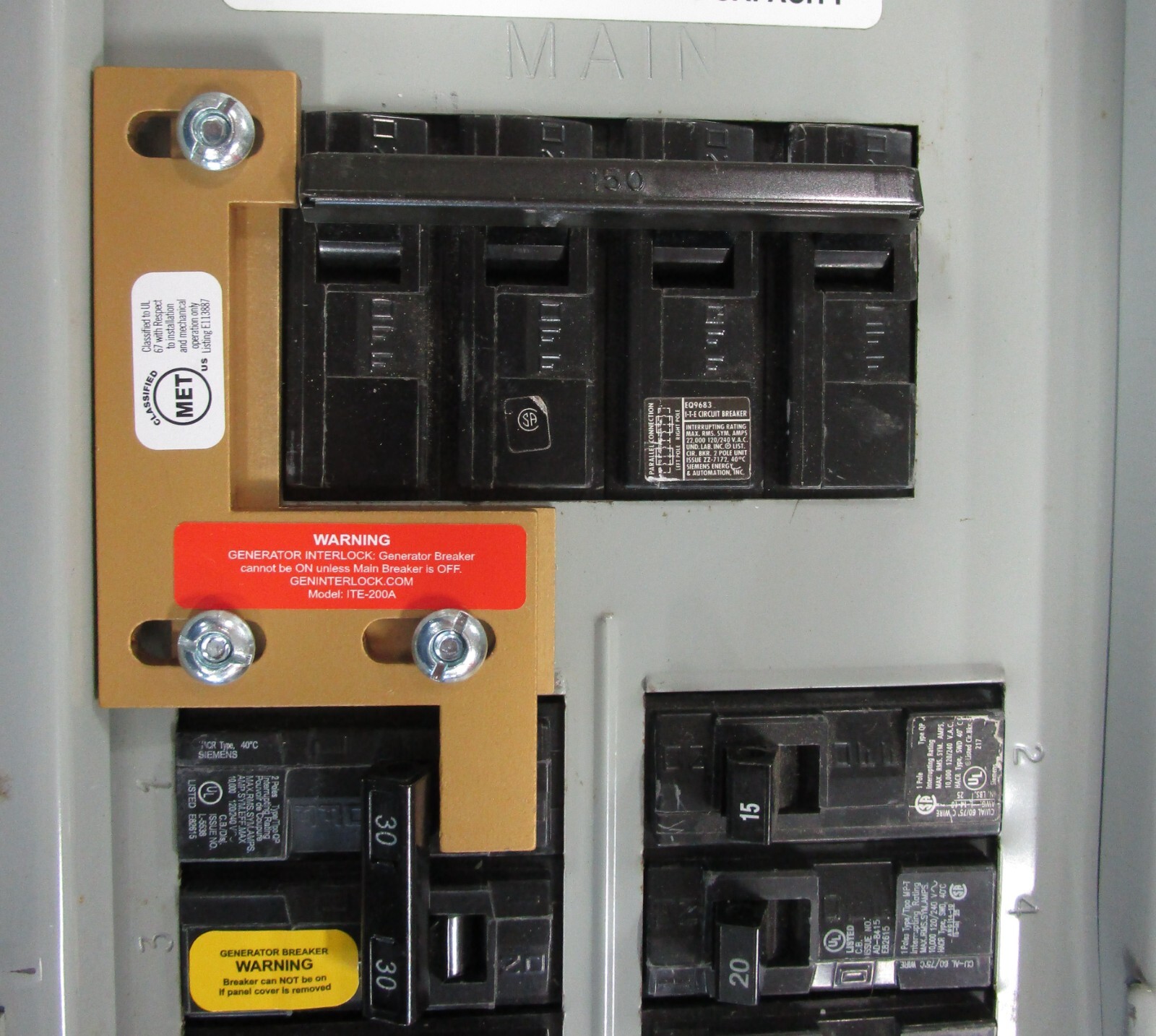 ITE-200A Siemens ITE Generator interlock kit 150 or 200 Amp Panel LISTED