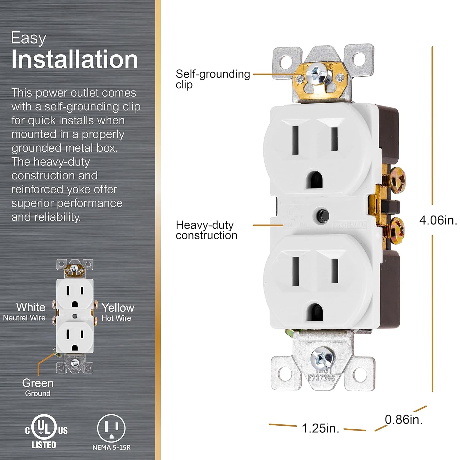 GE Duplex Wall Receptacle 15A 125V White 3-Prong with Reinforced Yoke