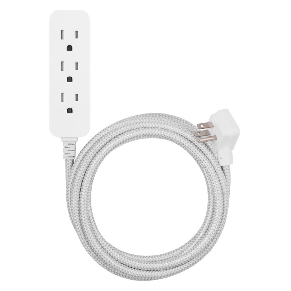 15ft Braided Extension Cord with 3 Outlets Gray White Power Strip Surge