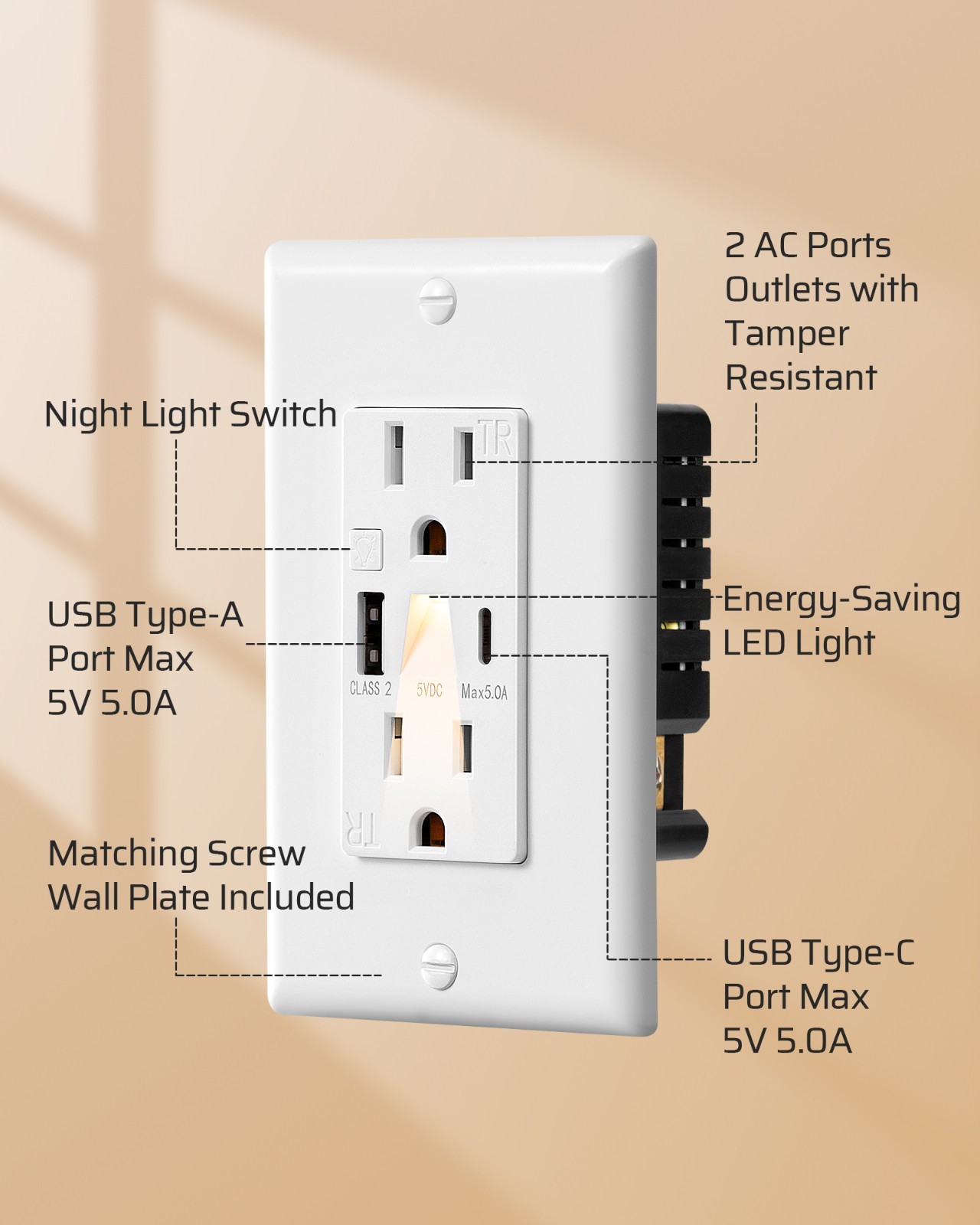 DEWENWILS Wall Outlet USB A+C Ports 5V 4.8A Fast Charging & LED Night Light