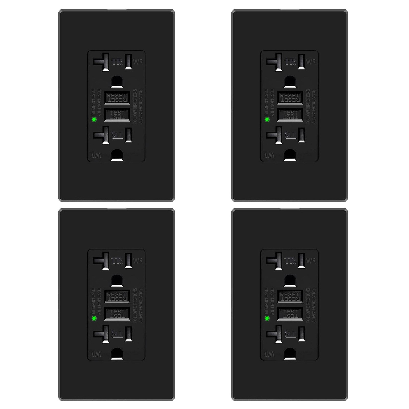 4PK GFCI Outlet 20 Amp Ground Fault Electrical Receptacle LED Indicator Black