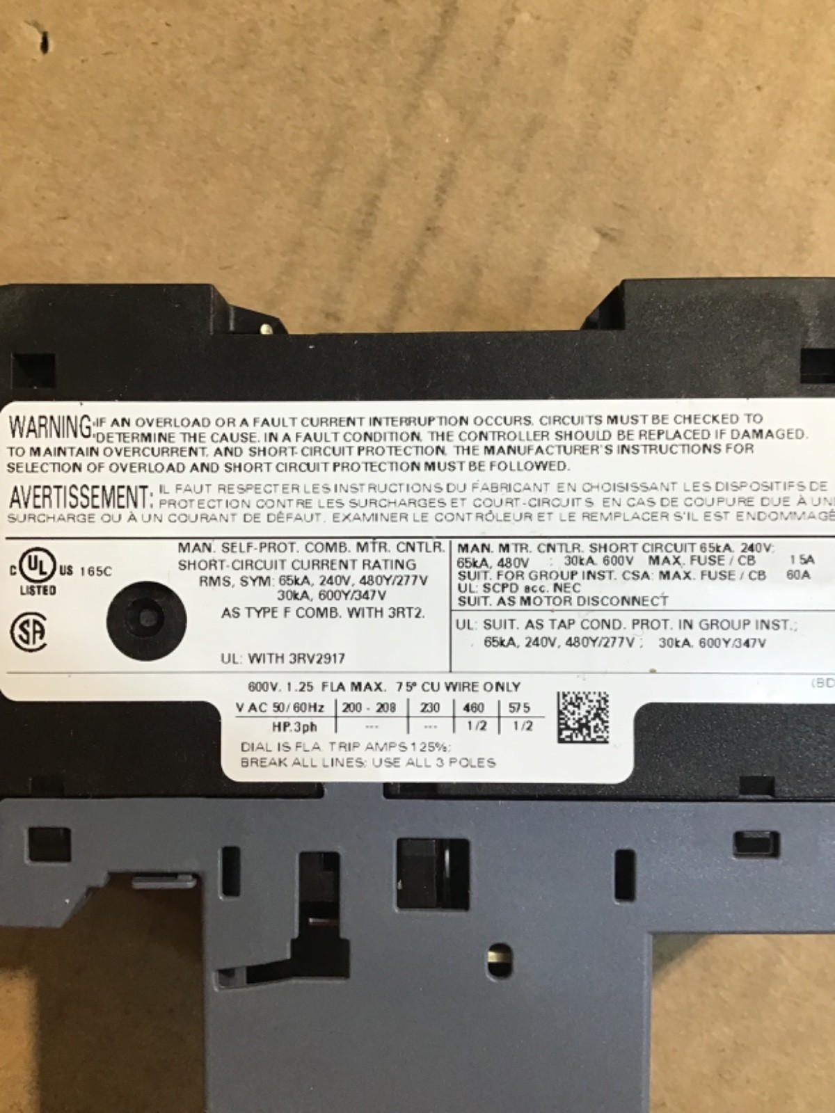 SIEMENS 3RV2021-0KA20 MOTOR STARTER/ CIRCUIT PROTECTOR, 0.9-1.25 AMP. NEW IN BOX
