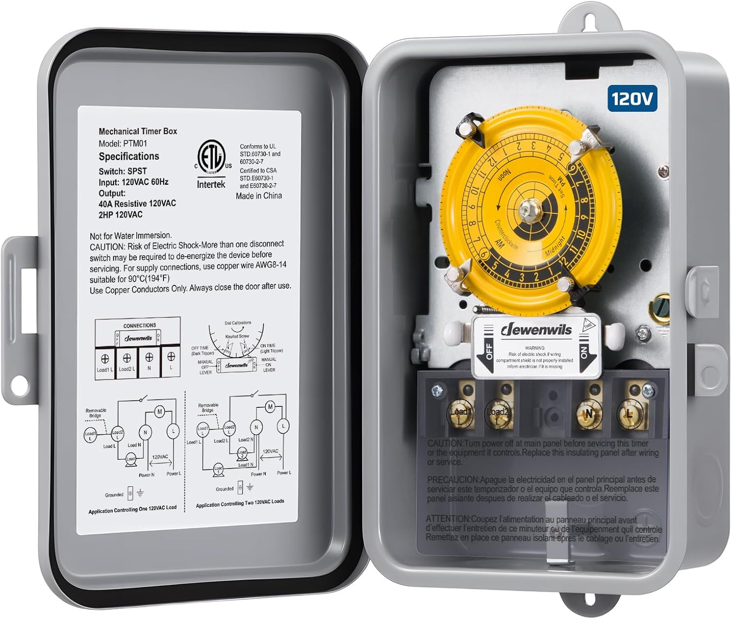 24-Hour Mechanical Timer Switch – 120VAC SPST, 2HP 40A, Metal Enclosure, Heavy D
