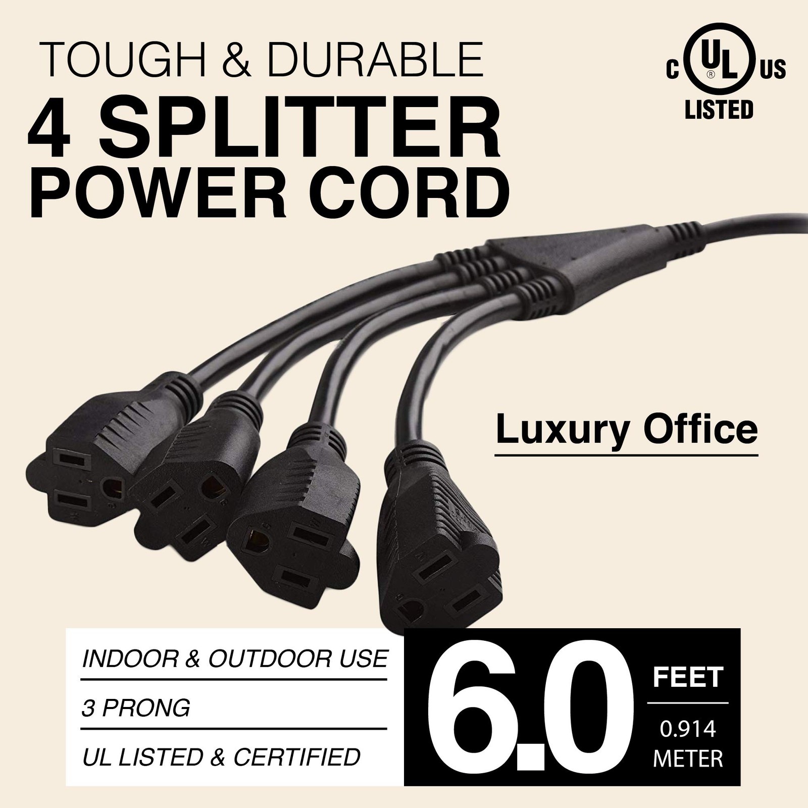4 Way Power Splitter 1 To 4 Outlet 6 Ft Long Black SJT 16 AWG Extension Cord