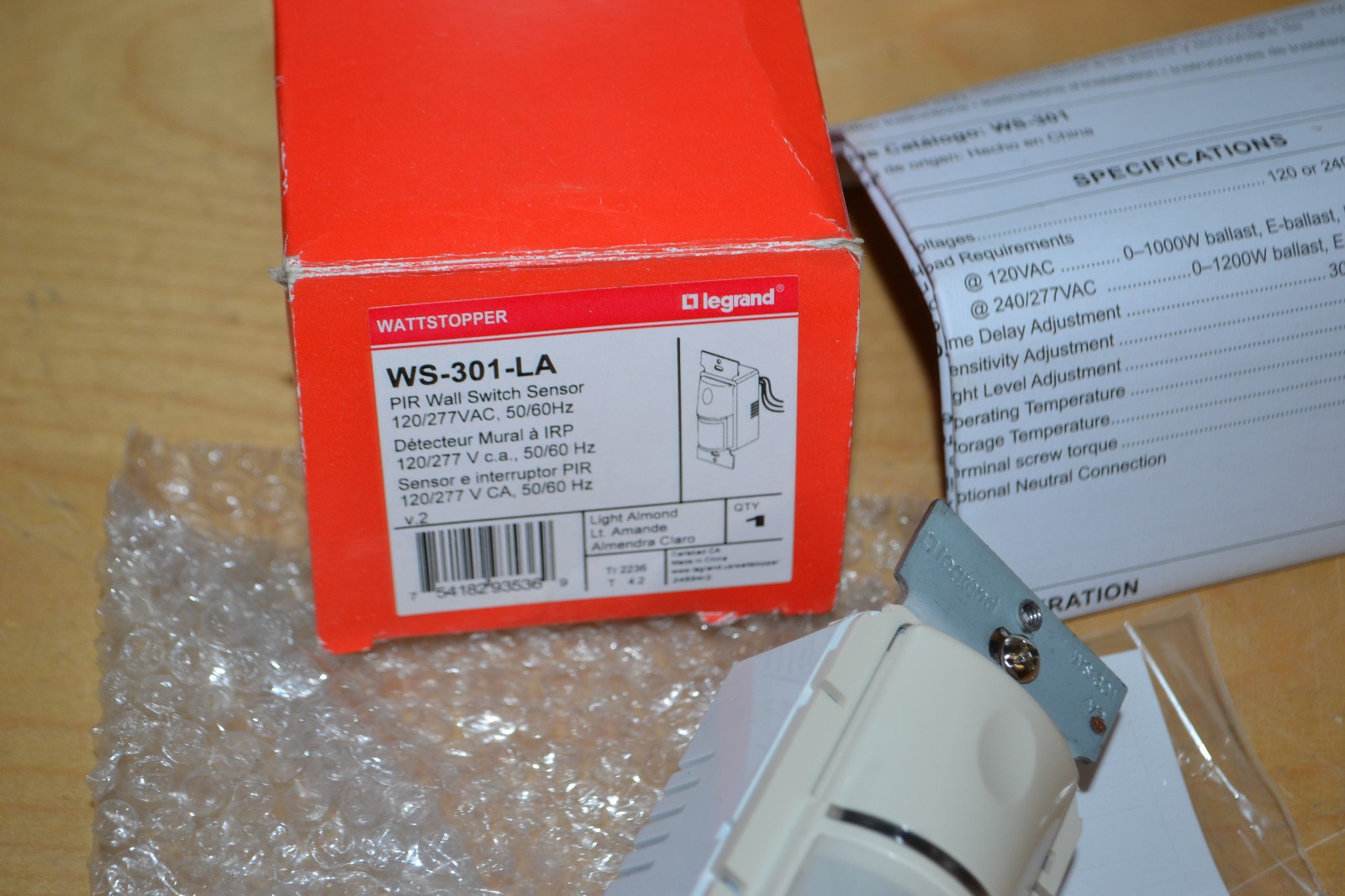 PIR Wall Switch Occupancy Sensor, 120/277V, Lt. Almond ~ WS-301-LA ~ Legrand