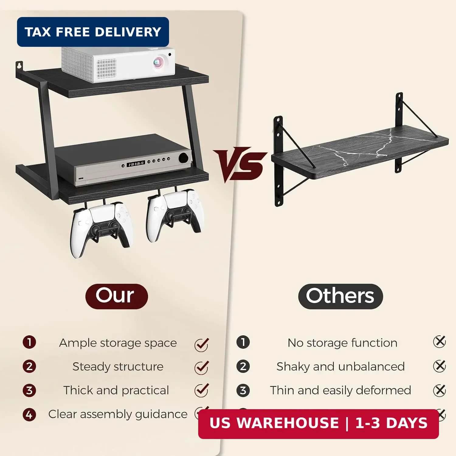 Floating TV Shelf, 2 Tier Projector Shelf for DVD Players | Black Game Console S