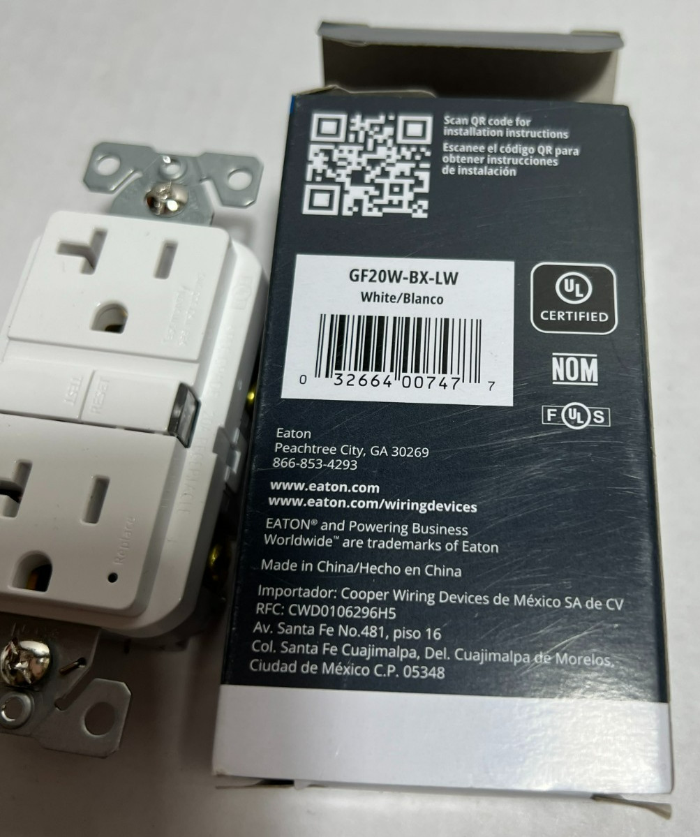 Eaton Slim GFCI Receptacle GF20W 20A 125V White Open Box