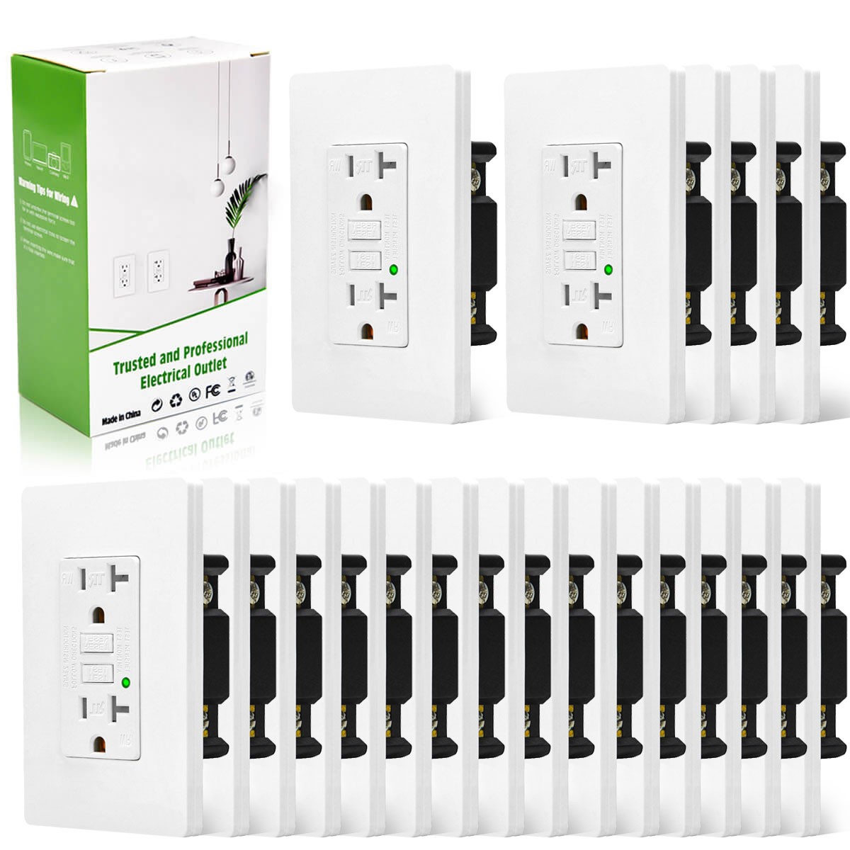 20Amp GFCI Outlet Ground Fault Receptacle Tamper Weather Resistant White 20 Pack