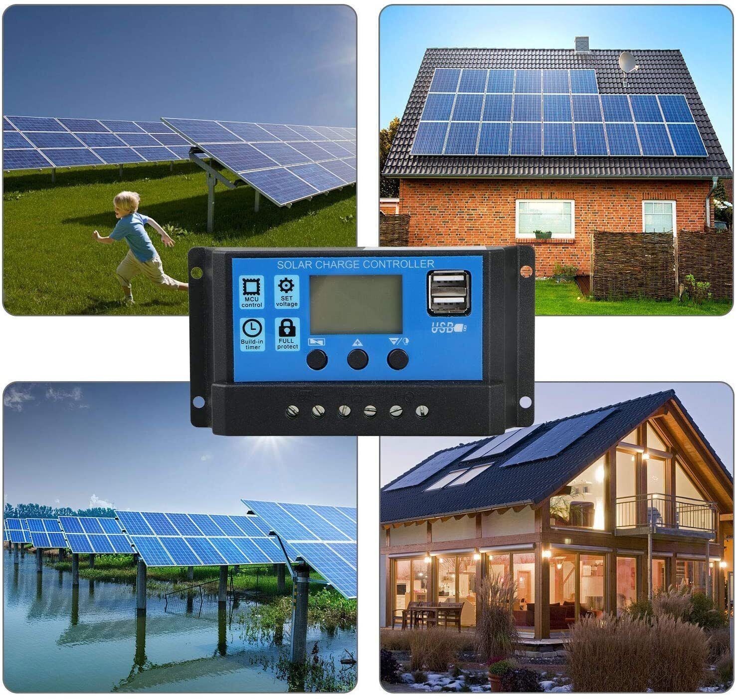 30A Solar Panel Battery Charge Controller 12V/24V LCD Regulator Auto with USB US