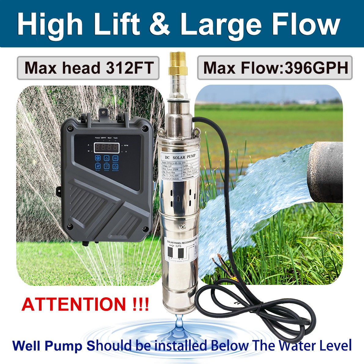 270W 3″ Solar Pump Submersible Pump Bore DC 24V Deep Well Pump + MPPT Controller