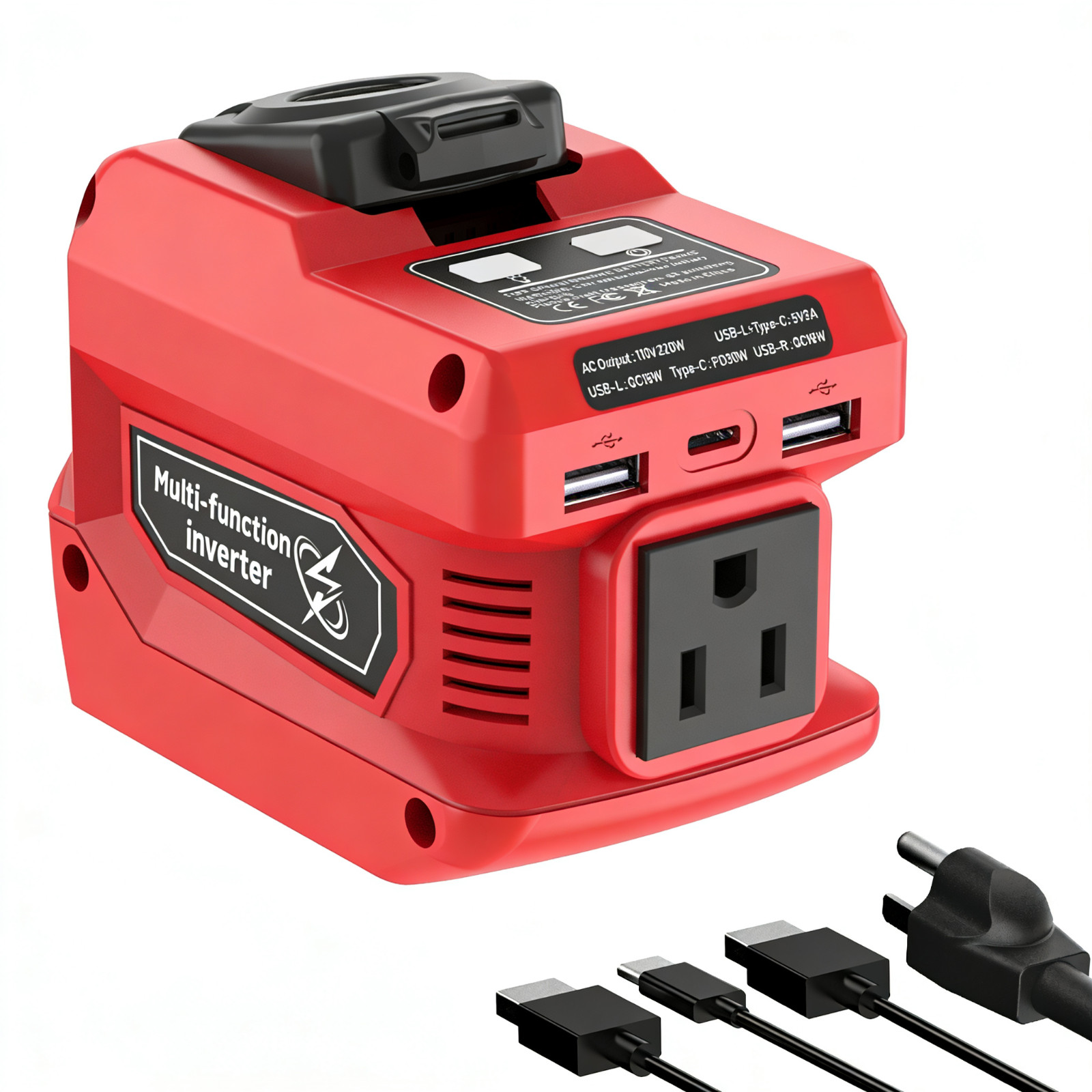 220W Power Inverter Compatible with Milwaukee 18V Battery，DC 18V to AC 110V