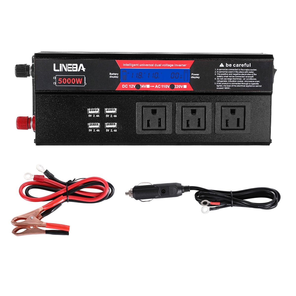 1500W 2500W 5000W Car Power Inverter 12V to 110V Converter 3AC 4USB LCD Display