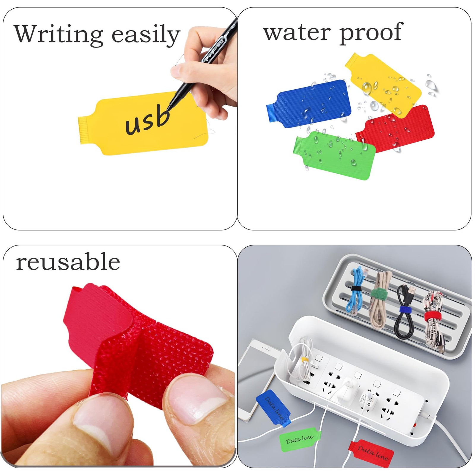 60 Pieces Cable Labels & Reusable Hook and 1.7in x 0.7in x0.12in, Colorful