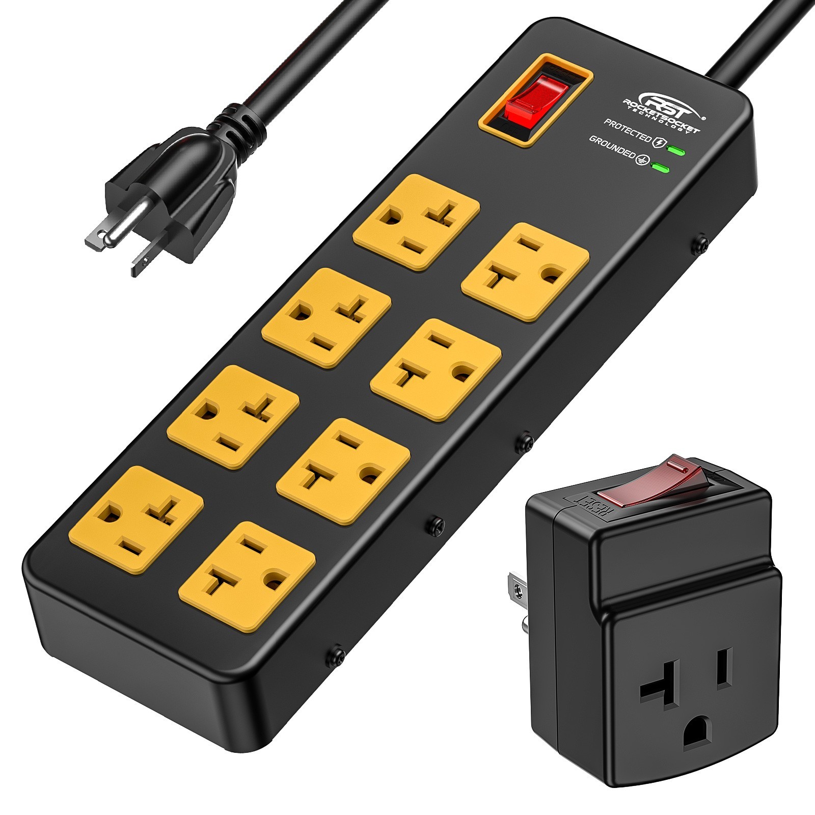 CRST 8Outlet 20Amps 1875W Metal Power Strip with 6ft Long Extension Power Cord