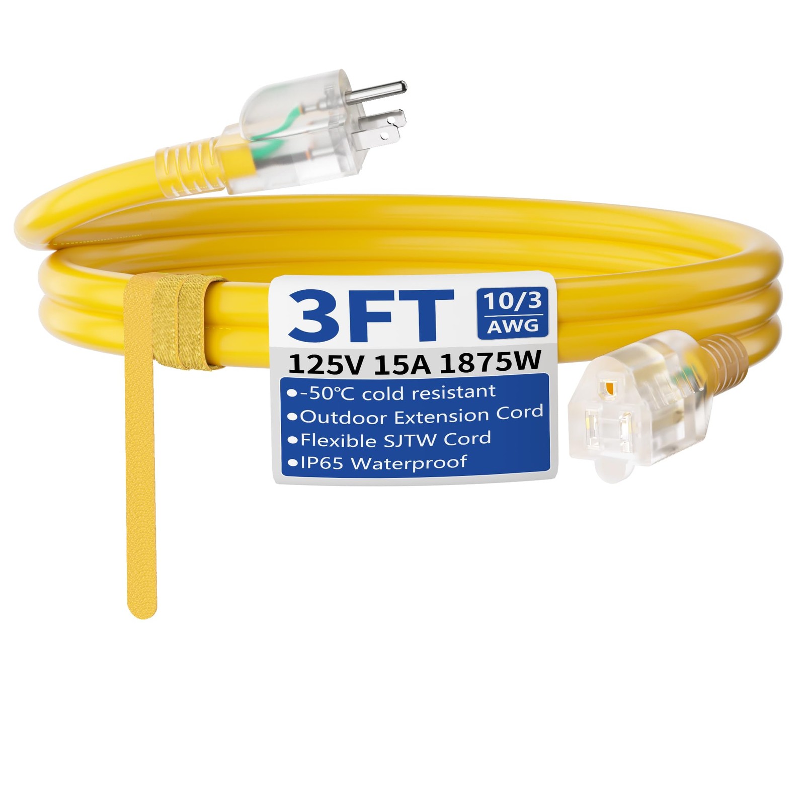 Cismorvex 3ft Outdoor/Indoor Extension Cord with Lighted 10/3 3FT, Yellow
