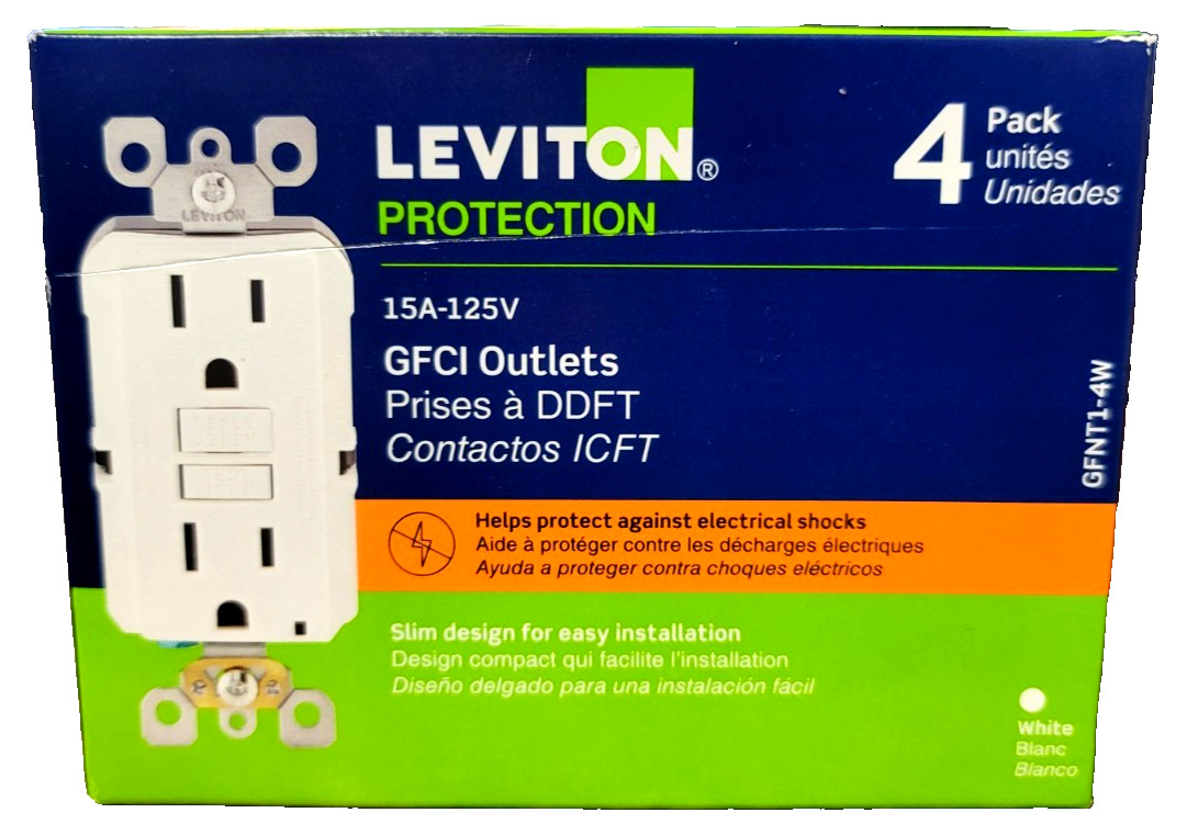 Leviton (M22-GFNT1-4W) 15A-125V Duplex Outlet – White – (Pack of 4). NEW.