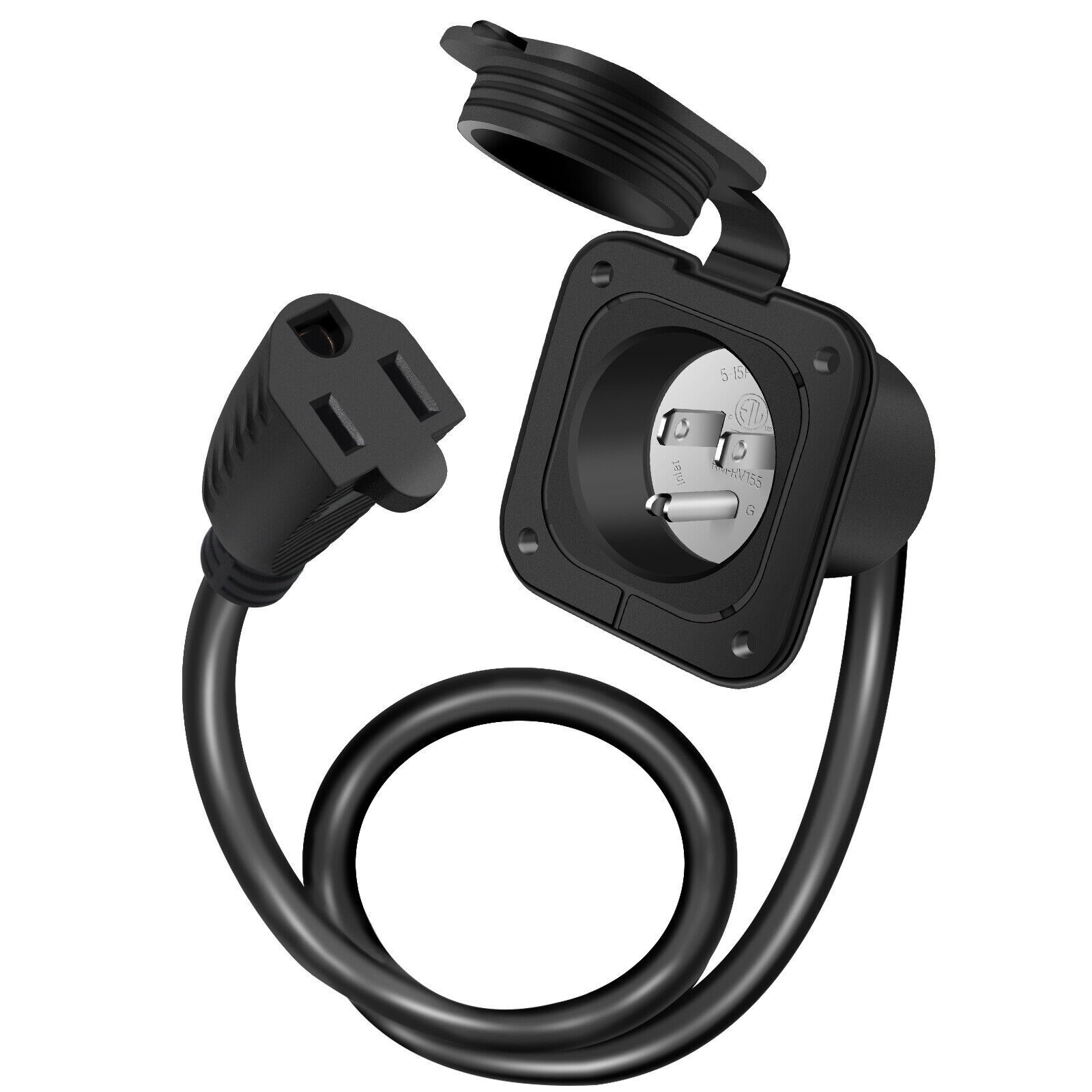 15Amp 125V AC Power Flanged Inlet Port Plug with 18″ Integrated Extension Cord