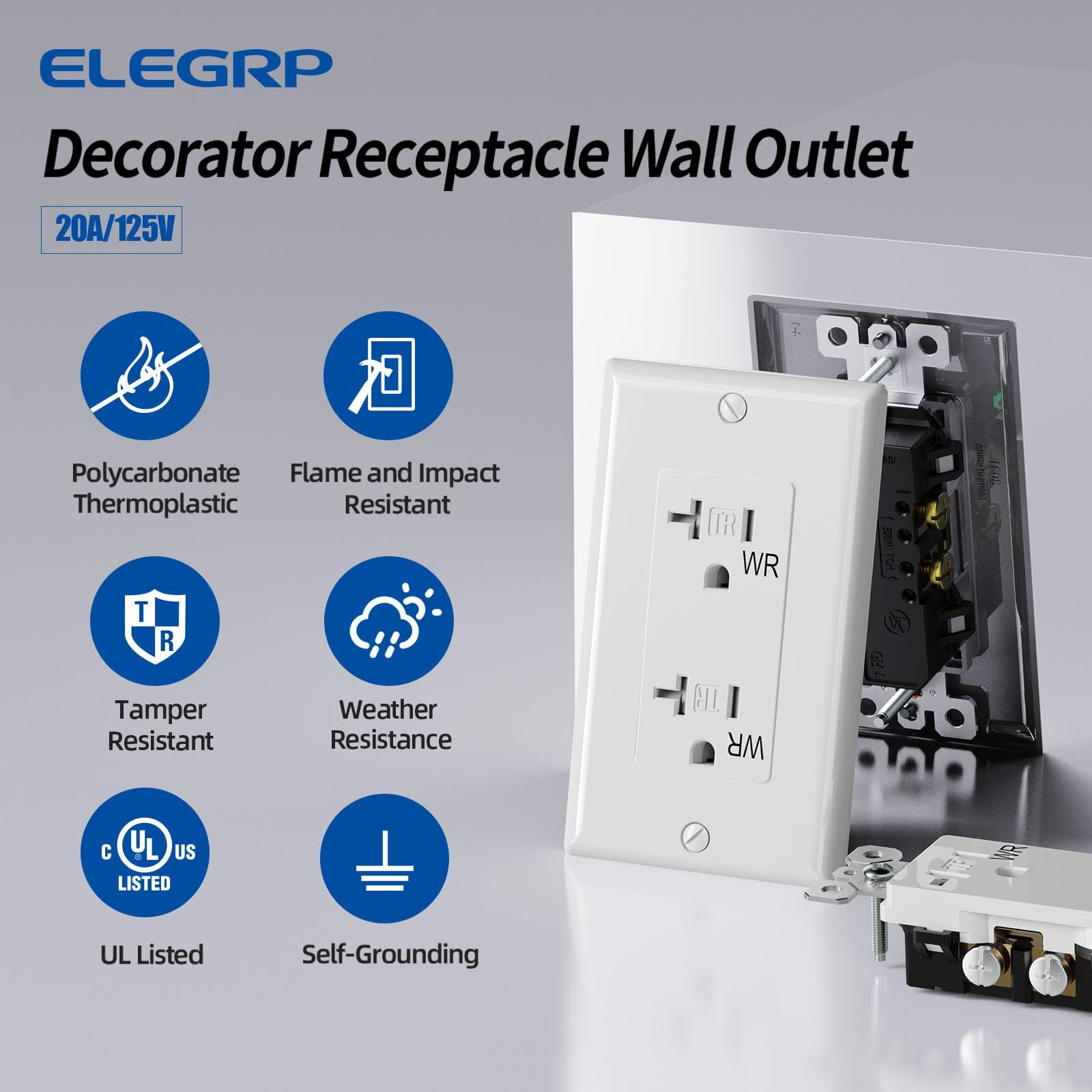 Glossy White Decorator Wall Receptacle Outlets, TR Tamper Resistant & WR Weather