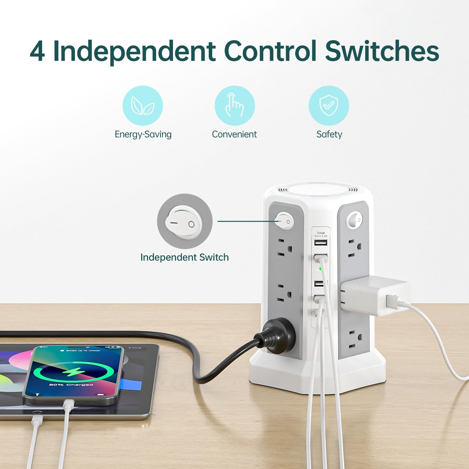 Surge Protector Power Strip Tower with PD18W USB C Port,10FT Gray White