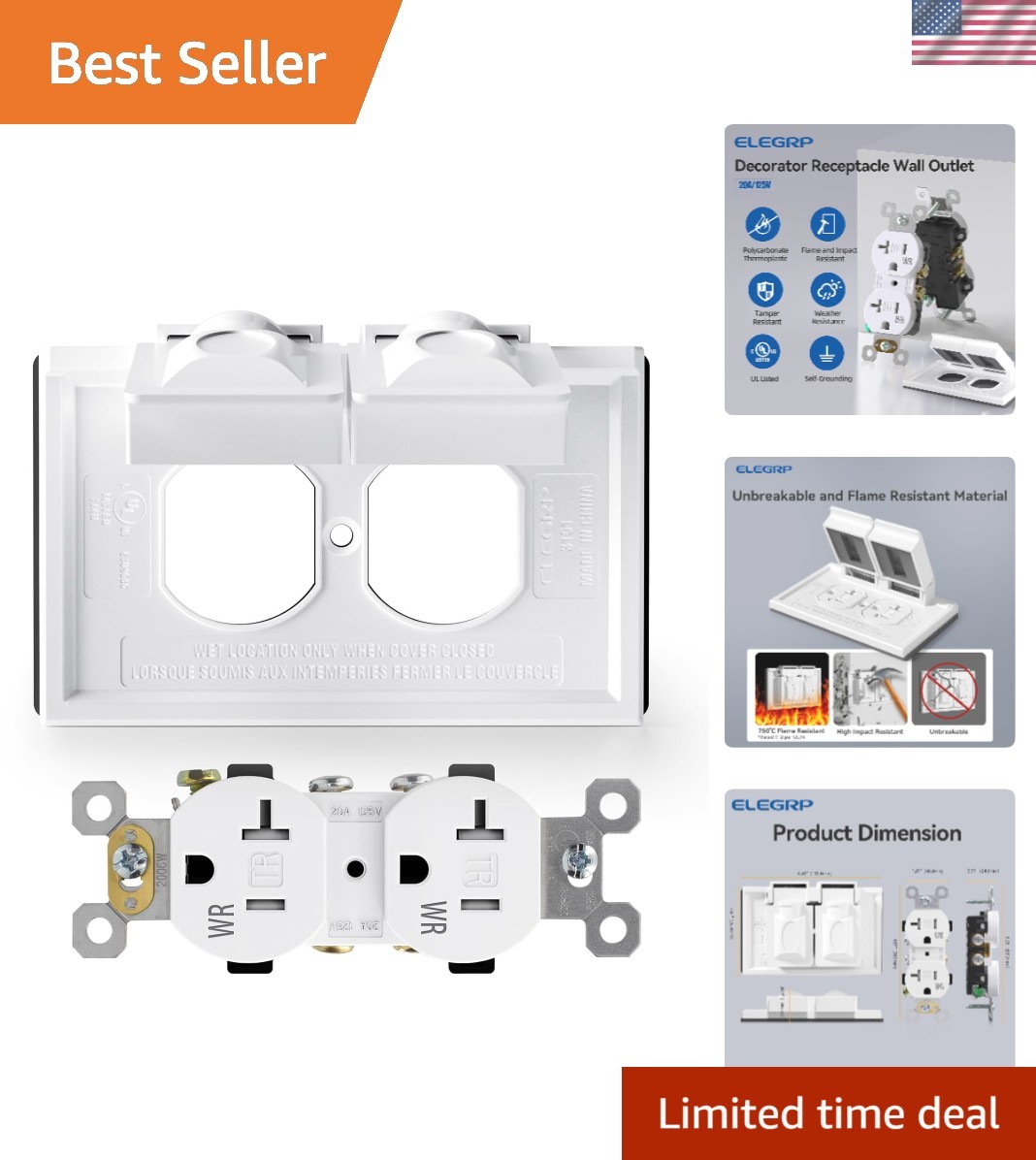 Elegant Glossy White Duplex Outlet with Tamper Resistant & Weather Proof Cover
