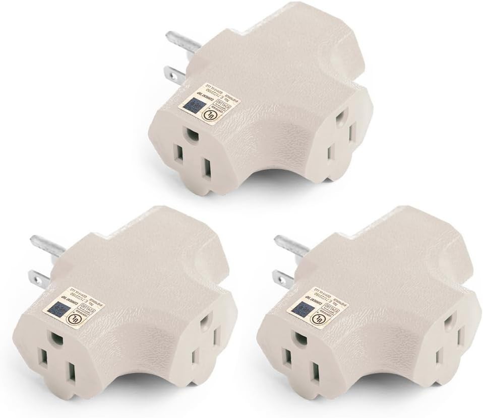 T-Shape 3-Outlet Adapter, Heavy Duty, UL Listed, Beige, 3-Pack