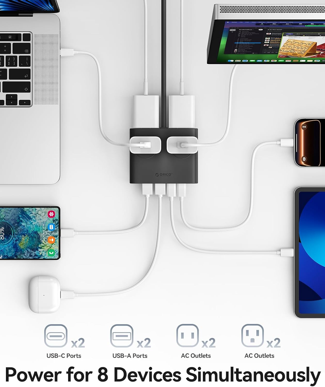 Power Brick, 25W Gan Power Strip, 8 in 1 Extension Cord with 4 AC Outlets and 2