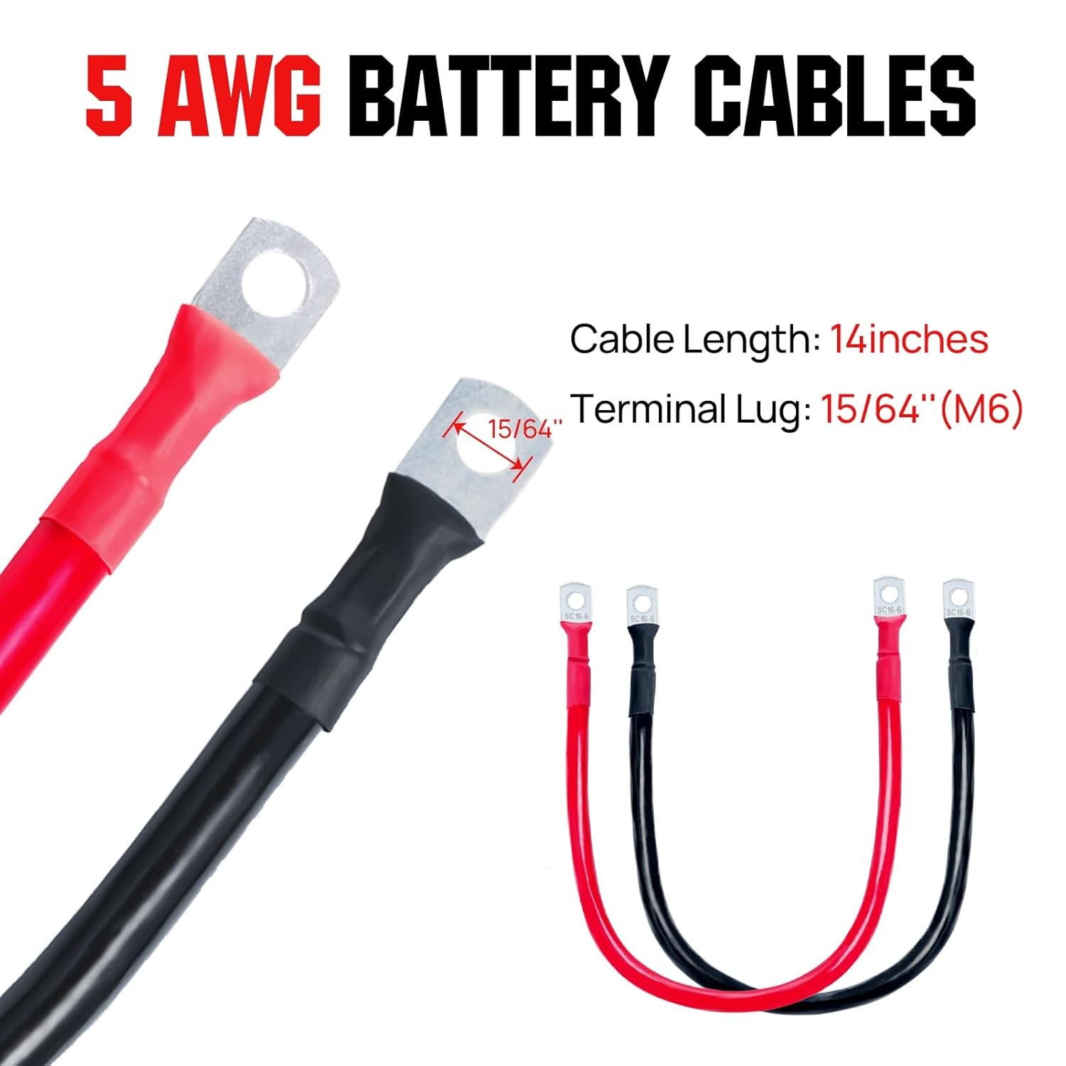 ECO-WORTHY 4 Pack M6 5AWG Battery Cable with 15/64” Lug Terminals 14inch Cables