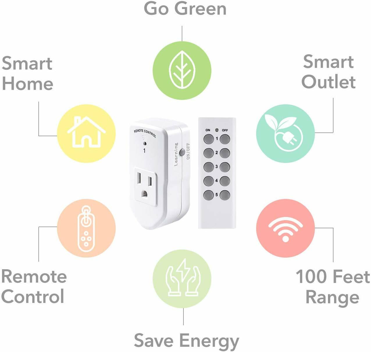 BN-LINK 5 Pack Wireless Remote Control Outlet Switch Power Plug In for lights