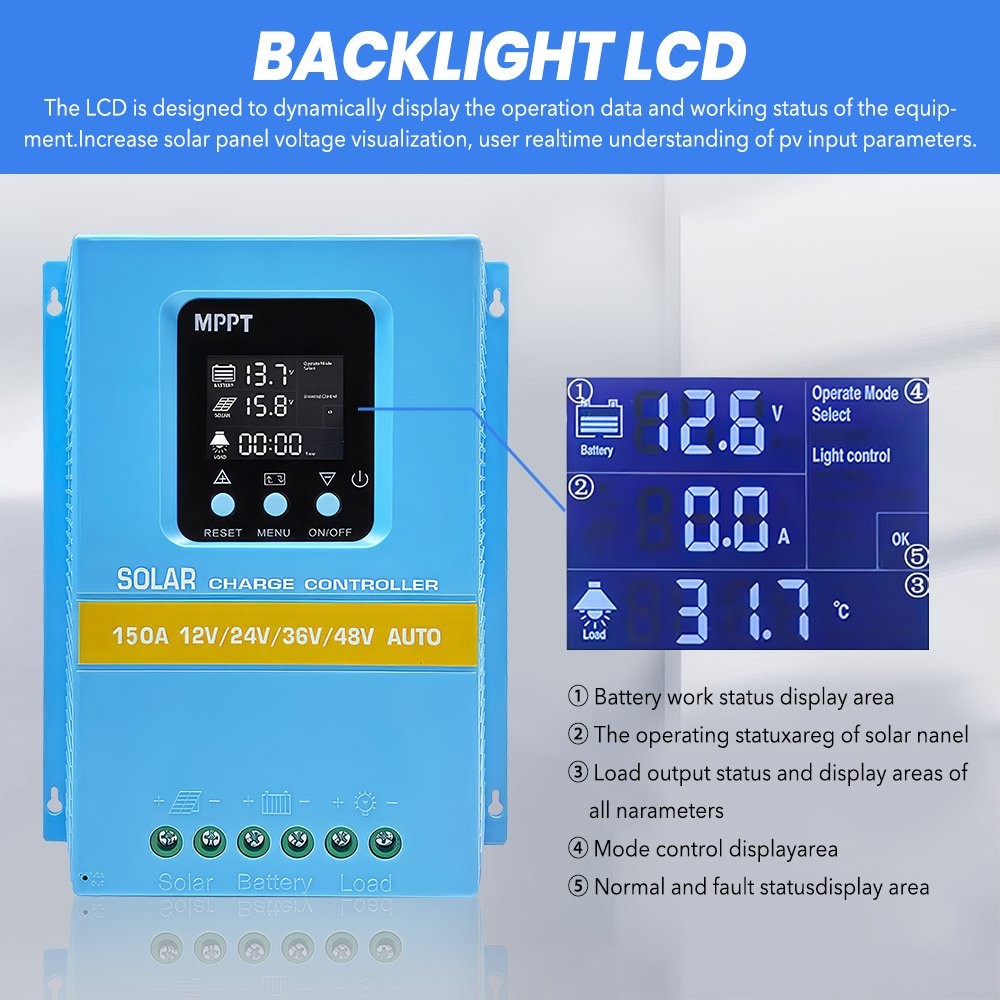 MPPT 150A Solar Charge Controller 12/24/36/48V LiFePO4 Lithium Battery Regulator