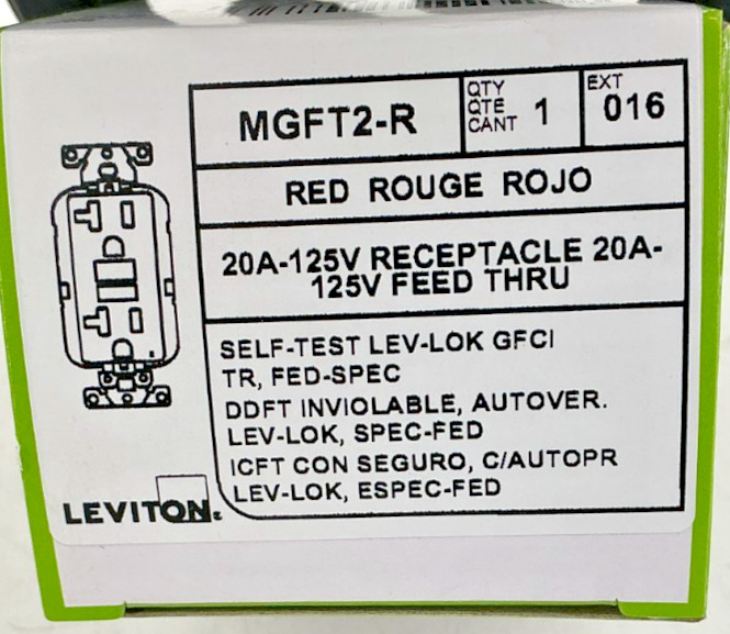 New Leviton MGFT2-R Receptacle Outlet 20A 125V 60HZ Red 016-MGFT2-R