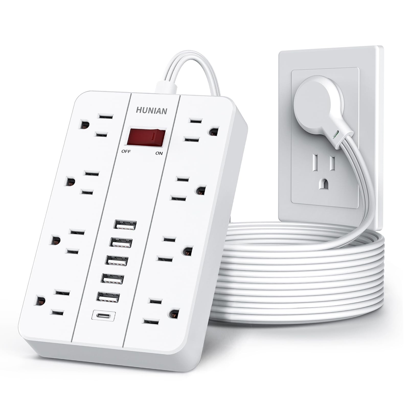 10 Ft White Power Strip with 8 Outlets, 6 USB Ports, Flat Plug
