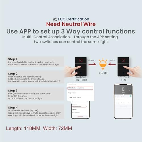 Smart Light Switch Need Neutral Wire,FCC Single Gang 3 Button Black