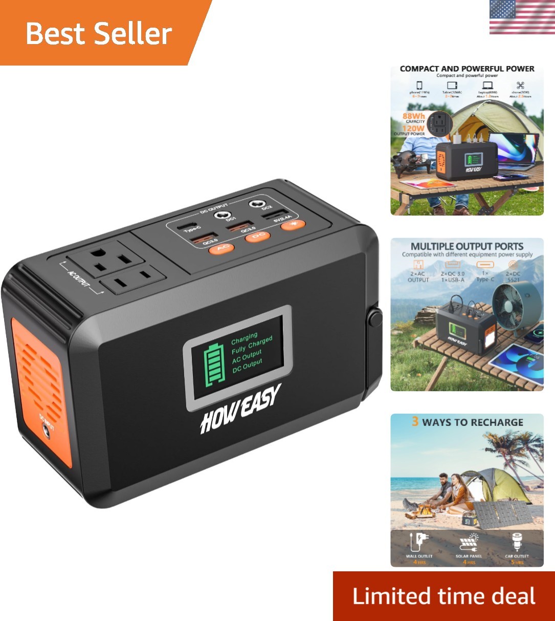 Compact Solar Generator 120W Peak with 8 Outputs – Ideal for Outdoor Adventures