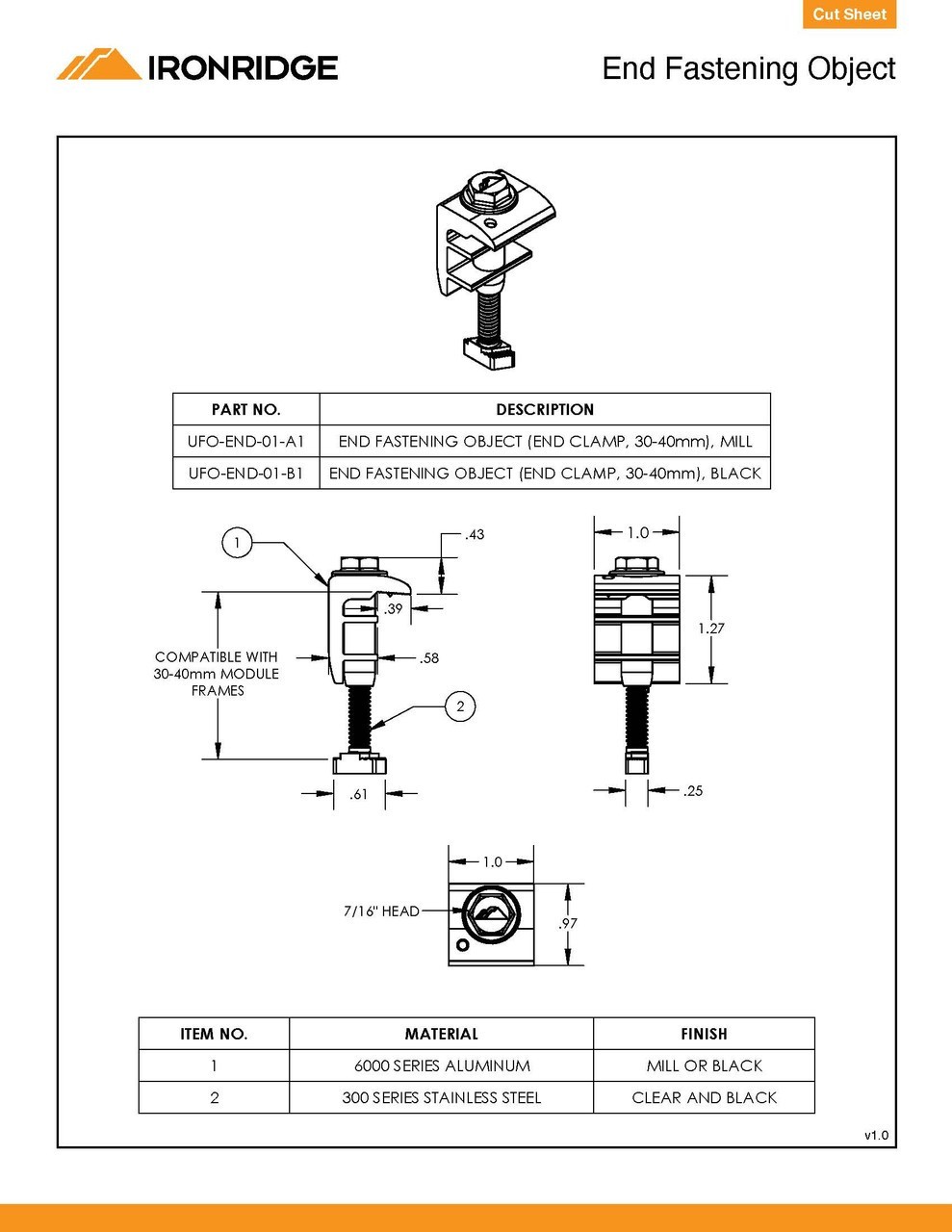 IronRidge End Fastening Object, Black UFO-END-01-B1 (End Clamp, 30-40mm)