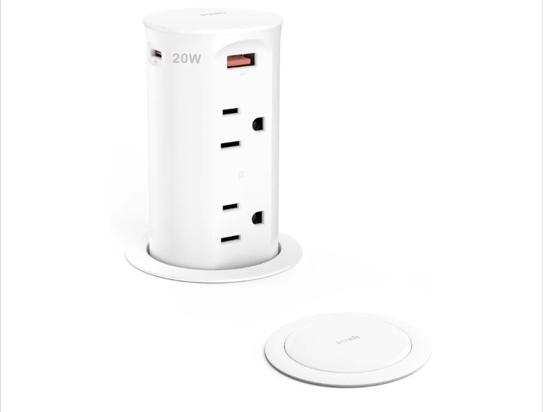 Pop up Countertop Outlet,2.5in Hole Desk Grommet,WhitePD 20W USB C,4 Outlets…