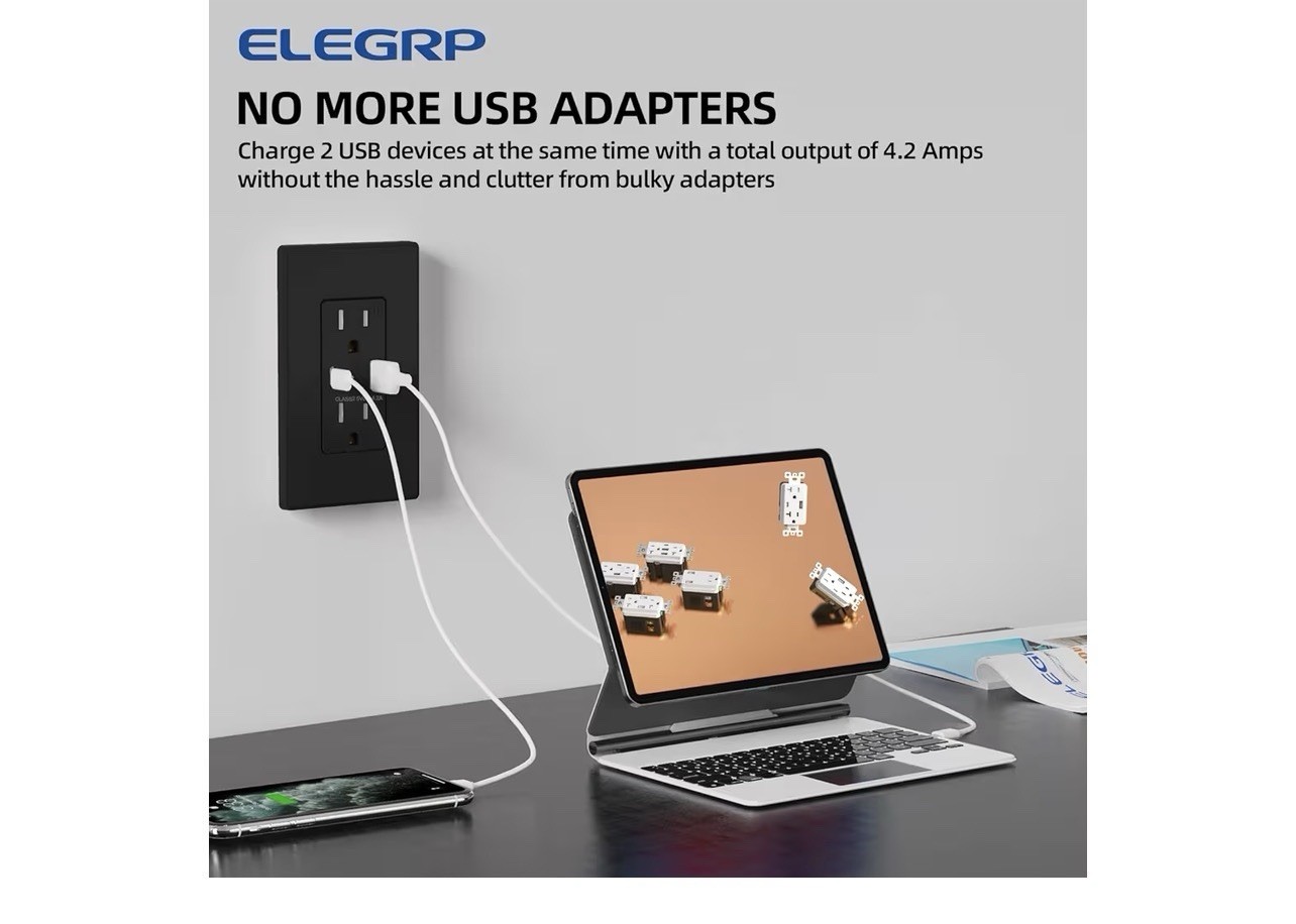 USB Charger Wall Outlet, USB Receptacle w/ Type A & Type C USB Ports 10 Pack